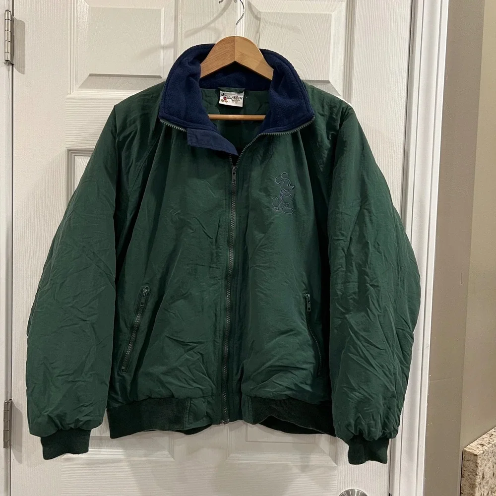 Walt Disney World Mickey Mouse Fleece Lined Bomber Jacket Green Mens Medium